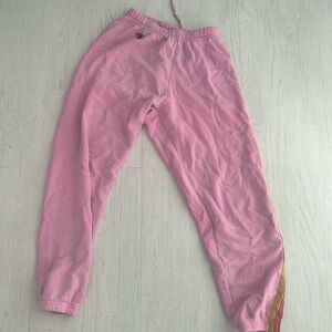Pink sweatpants with rainbow stripe